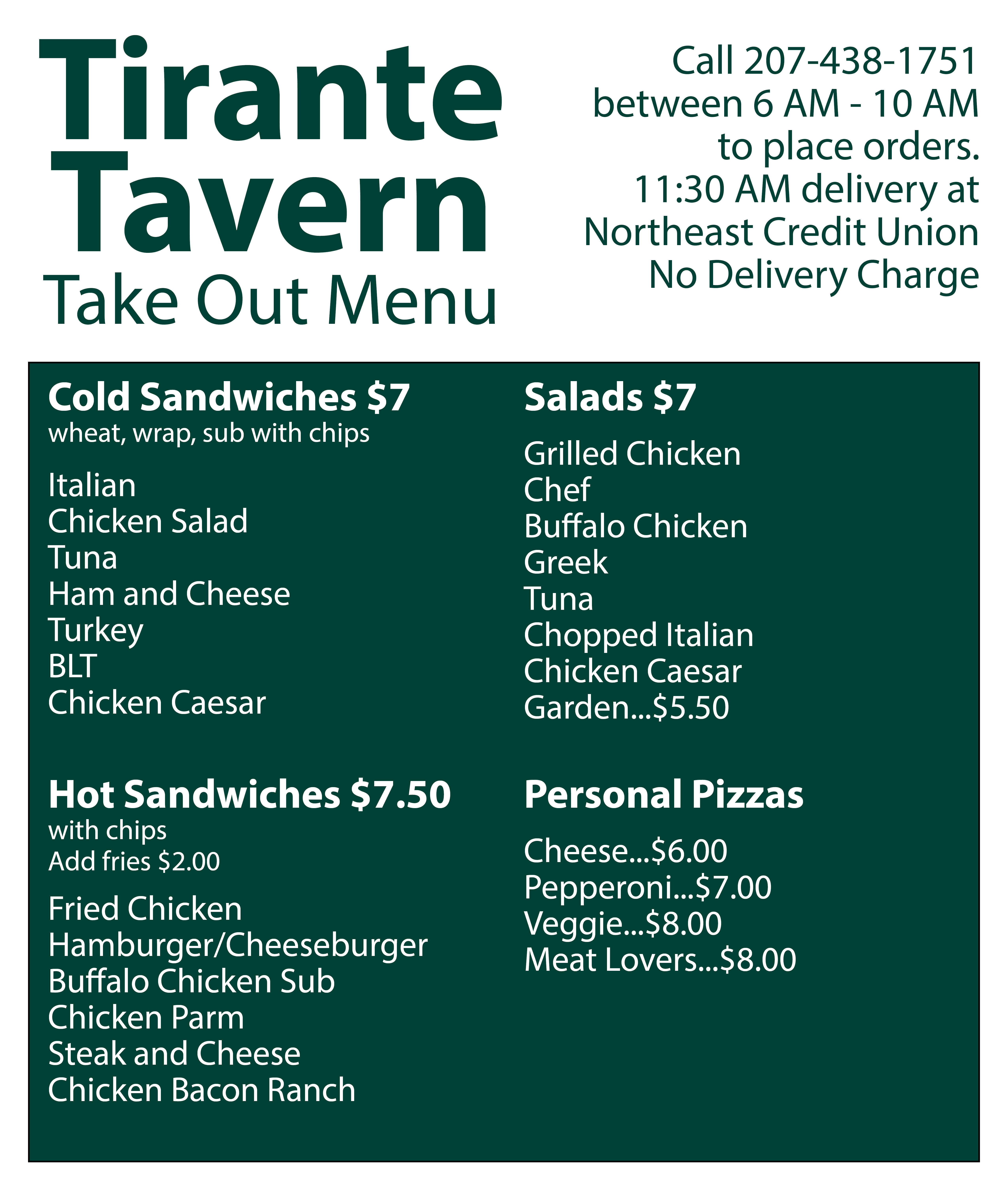 Tirante Tavern Take Out Menu Prices